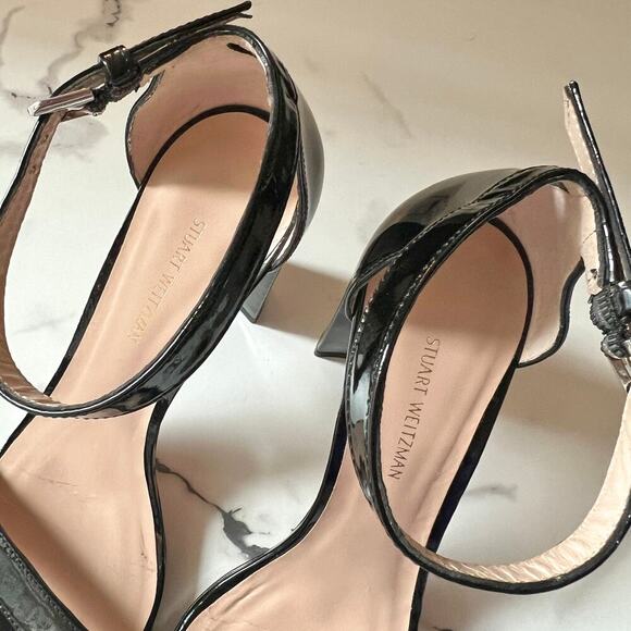 Stuart Weitzman Walkway Black Patent Leather Block Heels Sandals Size 7.5 - Picture 10 of 12